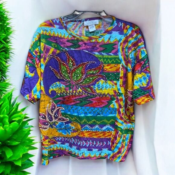 Vtg Sandy Starkman L Beaded Studded Multicolor T-Shirt Rainbow Artsy Statement - Picture 1 of 16